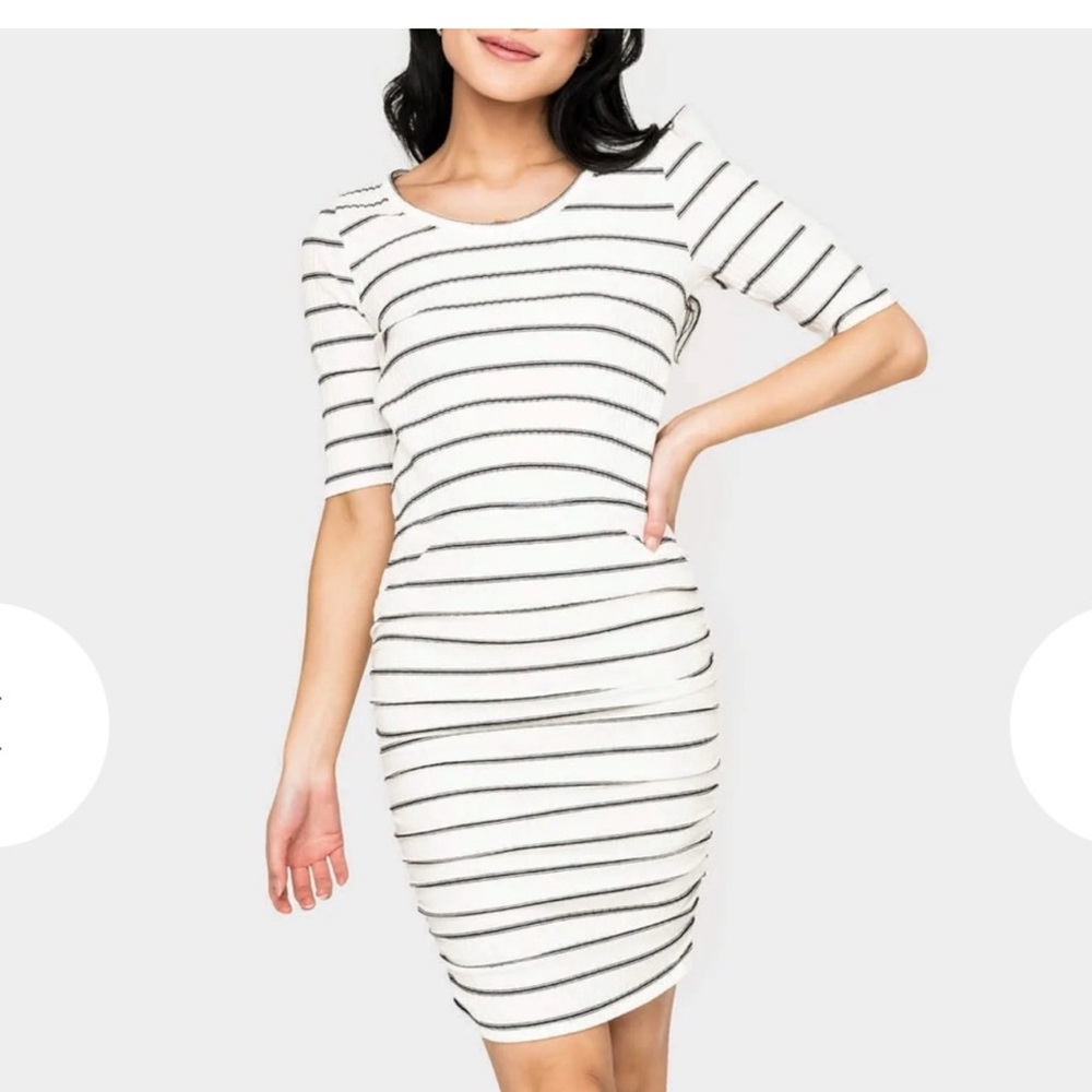 Gibsonlook White and Black Striped Ruched Dress